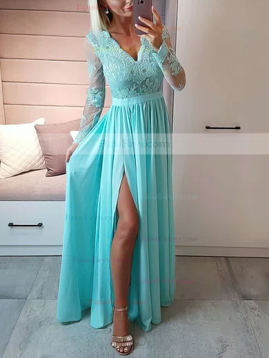A-line V-neck Chiffon Floor-length Appliques Lace Prom Dresses #Favs020105623