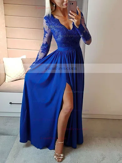 A-line V-neck Chiffon Floor-length Appliques Lace Prom Dresses #Favs020105623