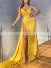 Sheath/Column V-neck Silk-like Satin Sweep Train Prom Dresses With Split Front #Favs020115687