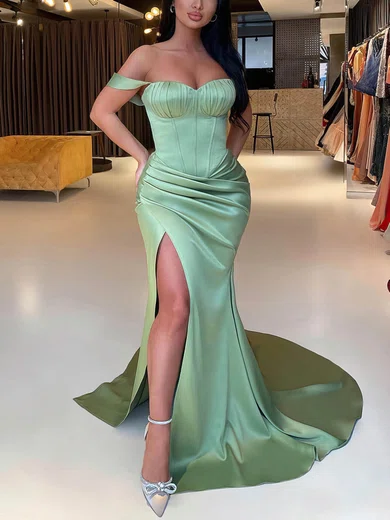 Sheath/Column Off-the-shoulder Silk-like Satin Sweep Train Prom Dresses With Split Front #Favs020115697