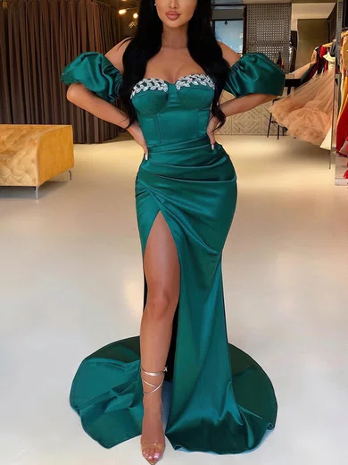 Sheath/Column Off-the-shoulder Satin Sweep Train Prom Dresses With Beading #Favs020115711