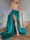 Sheath/Column Strapless Satin Tulle Sweep Train Prom Dresses With Beading #Favs020115720