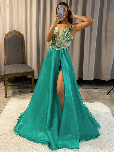 A-line V-neck Organza Sweep Train Prom Dresses With Appliques Lace #Favs020115740