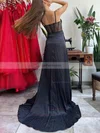 A-line V-neck Tulle Silk-like Satin Sweep Train Prom Dresses With Beading #Favs020115747