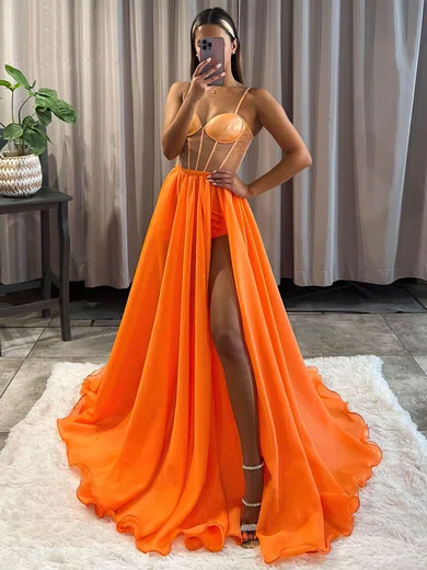 A-line V-neck Organza Tulle Detachable Prom Dresses With Split Front #Favs020115748