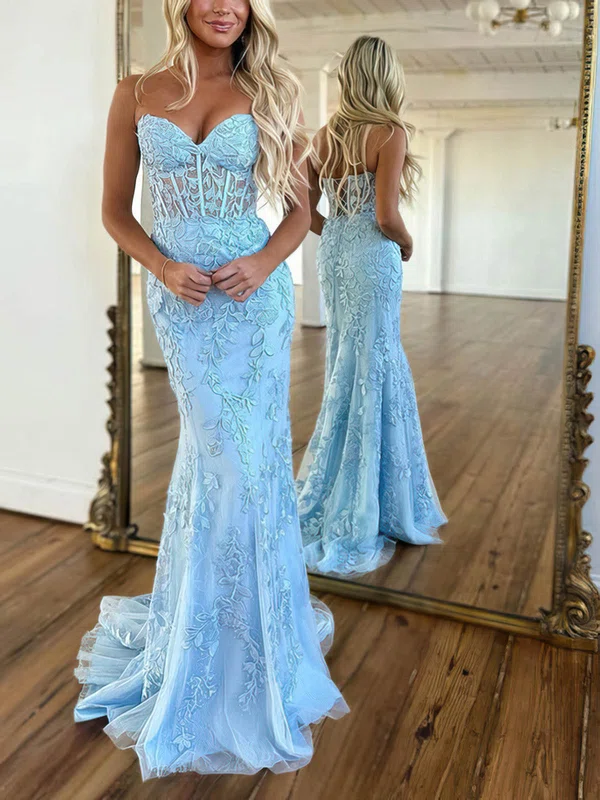 Trumpet/Mermaid Sweetheart Tulle Sweep Train Prom Dresses With Appliques Lace #Favs020115751