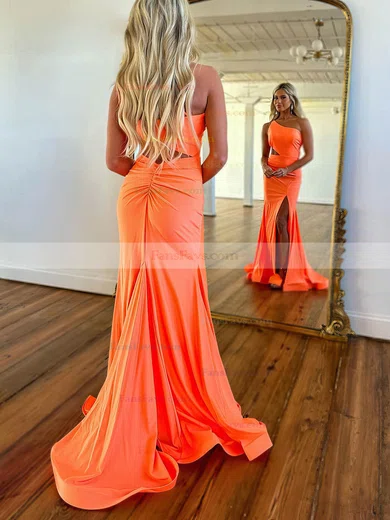 Sheath/Column One Shoulder Jersey Sweep Train Prom Dresses With Split Front #Favs020115755