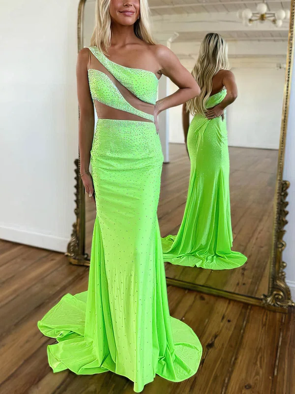 Trumpet/Mermaid One Shoulder Silk-like Satin Sweep Train Prom Dresses With Beading #Favs020115756