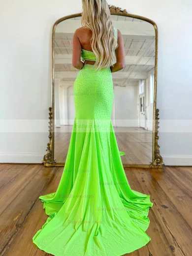 Trumpet/Mermaid One Shoulder Silk-like Satin Sweep Train Prom Dresses With Beading #Favs020115756