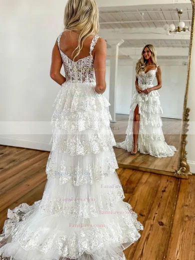 A-line V-neck Lace Tulle Sweep Train Prom Dresses With Tiered #Favs020115760