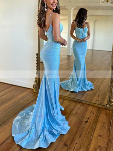 Trumpet/Mermaid V-neck Silk-like Satin Sweep Train Prom Dresses With Beading #Favs020115761