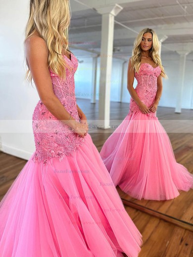 Trumpet/Mermaid Sweetheart Lace Tulle Sweep Train Prom Dresses With Beading #Favs020115763