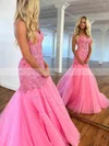 Trumpet/Mermaid Sweetheart Lace Tulle Sweep Train Prom Dresses With Beading #Favs020115763