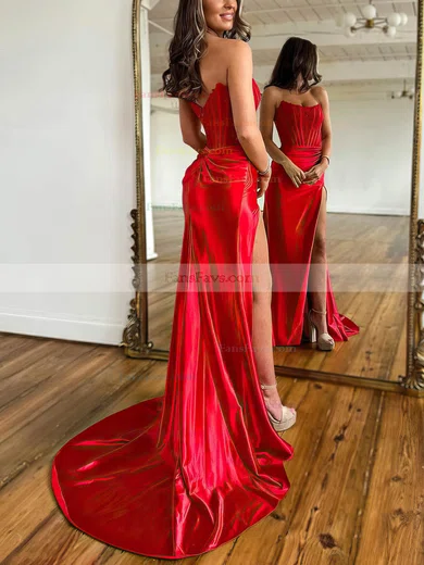 Sheath/Column Strapless Silk-like Satin Sweep Train Prom Dresses With Split Front #Favs020115766