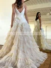 Ball Gown V-neck Tulle Sweep Train Prom Dresses With Tiered #Favs020115768