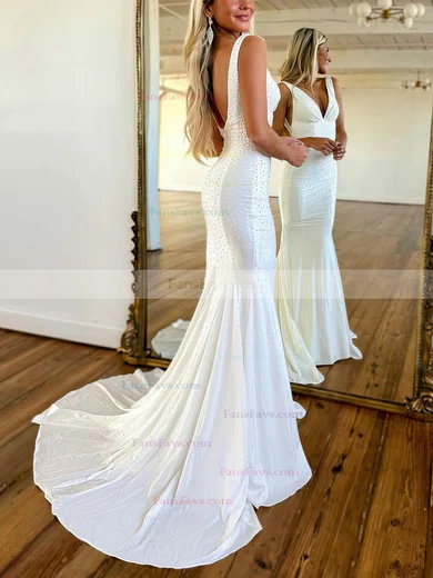Trumpet/Mermaid V-neck Silk-like Satin Sweep Train Prom Dresses With Pearl Detailing #Favs020115769