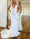 Trumpet/Mermaid V-neck Silk-like Satin Sweep Train Prom Dresses With Pearl Detailing #Favs020115769
