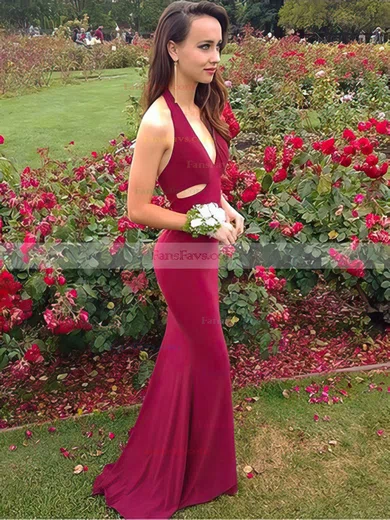 Sheath/Column Halter Jersey Sweep Train Prom Dresses #Favs020105661