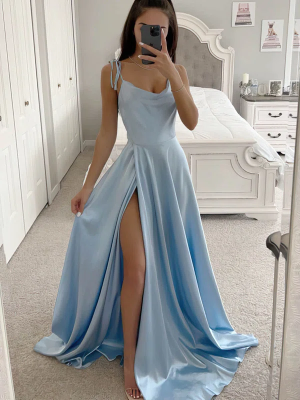 A-line Cowl Neck Silk-like Satin Sweep Train Prom Dresses With Split Front #Favs020115807