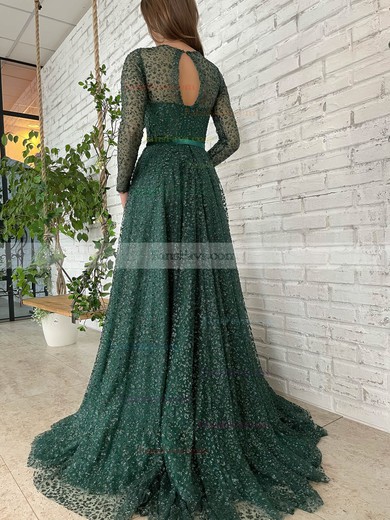 A-line Scoop Neck Glitter Sweep Train Prom Dresses With Sashes / Ribbons #Favs020115843