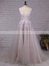 Princess V-neck Tulle Court Train Appliques Lace Prom Dresses #Favs020103499