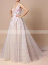 Princess V-neck Tulle Court Train Appliques Lace Prom Dresses #Favs020103499