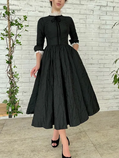 A-line High Neck Satin Tea-length Prom Dresses With Bow #Favs020115853