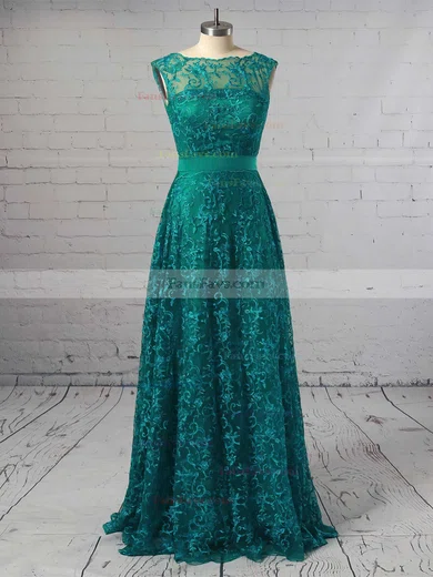 A-line Scalloped Neck Lace Floor-length Sashes / Ribbons Prom Dresses #Favs020103586
