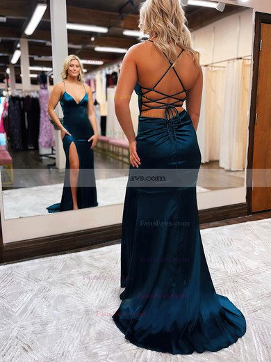 Trumpet/Mermaid V-neck Silk-like Satin Sweep Train Prom Dresses With Split Front #Favs020115875