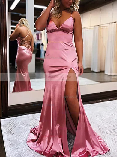 Trumpet/Mermaid V-neck Silk-like Satin Sweep Train Prom Dresses With Split Front #Favs020115875