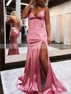 Trumpet/Mermaid V-neck Silk-like Satin Sweep Train Prom Dresses With Split Front #Favs020115875