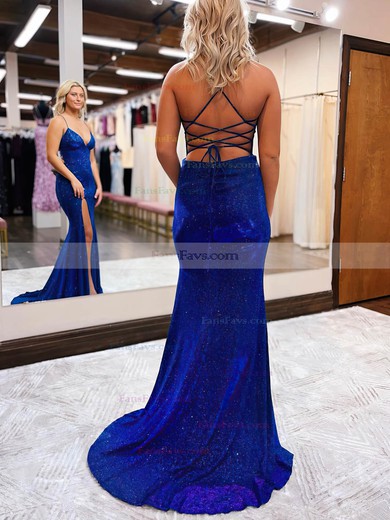 Sheath/Column V-neck Shimmer Crepe Sweep Train Prom Dresses With Split Front #Favs020115876