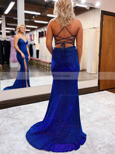 Sheath/Column V-neck Shimmer Crepe Sweep Train Prom Dresses With Split Front #Favs020115876