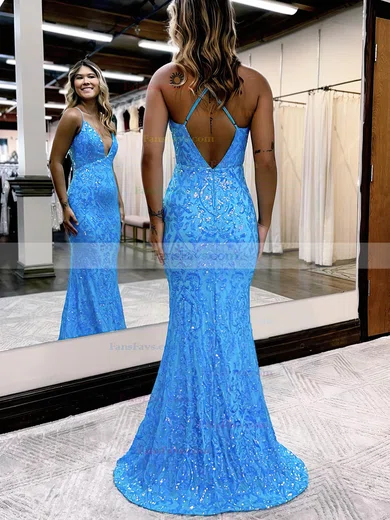 Trumpet/Mermaid V-neck Sequined Sweep Train Prom Dresses #Favs020115877