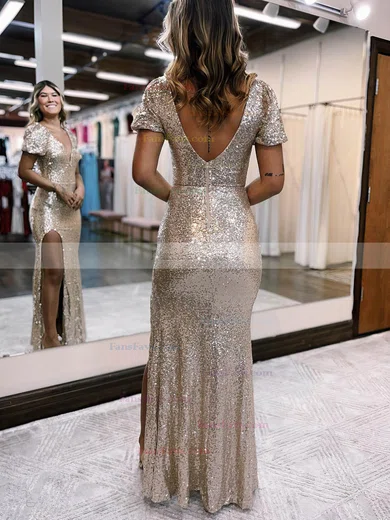 Sheath/Column V-neck Sequined Floor-length Prom Dresses With Split Front #Favs020115885