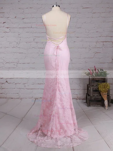 Sheath/Column Scoop Neck Lace Sweep Train Prom Dresses #Favs020104813