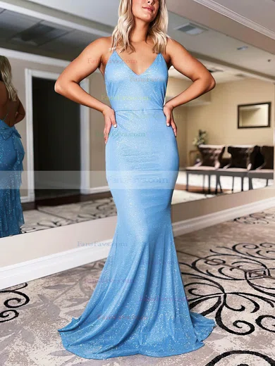 Trumpet/Mermaid V-neck Shimmer Crepe Sweep Train Prom Dresses With Cascading Ruffles #Favs020115892