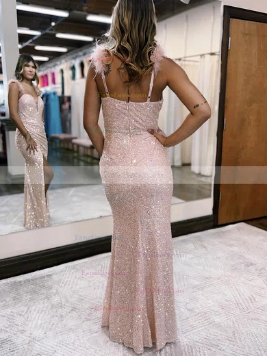 Sheath/Column V-neck Sequined Floor-length Prom Dresses With Feathers / Fur #Favs020115893