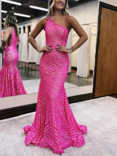 Trumpet/Mermaid One Shoulder Sequined Sweep Train Prom Dresses #Favs020115899