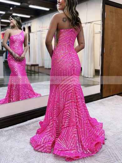Trumpet/Mermaid One Shoulder Sequined Sweep Train Prom Dresses #Favs020115899