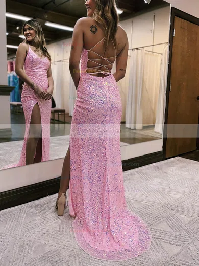 Sheath/Column V-neck Sequined Sweep Train Prom Dresses With Split Front #Favs020115900