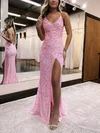 Sheath/Column V-neck Sequined Sweep Train Prom Dresses With Split Front #Favs020115900