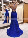 Trumpet/Mermaid V-neck Sequined Sweep Train Prom Dresses With Split Front #Favs020115901