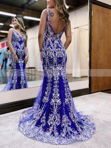 Trumpet/Mermaid V-neck Tulle Sweep Train Prom Dresses With Appliques Lace #Favs020115906