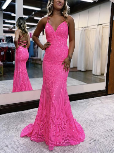 Trumpet/Mermaid V-neck Sequined Sweep Train Prom Dresses #Favs020115908