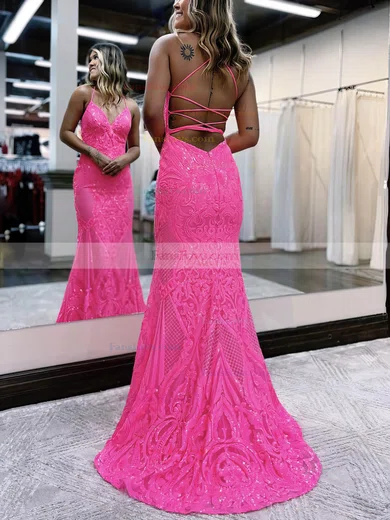 Trumpet/Mermaid V-neck Sequined Sweep Train Prom Dresses #Favs020115908