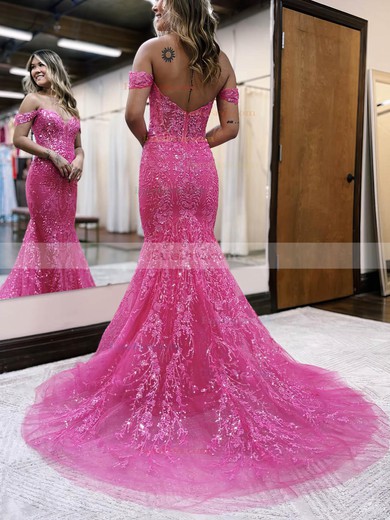 Trumpet/Mermaid Off-the-shoulder Tulle Glitter Sweep Train Prom Dresses With Appliques Lace #Favs020115909