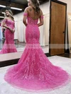 Trumpet/Mermaid Off-the-shoulder Tulle Glitter Sweep Train Prom Dresses With Appliques Lace #Favs020115909