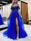 A-line Off-the-shoulder Tulle Glitter Sweep Train Prom Dresses With Appliques Lace #Favs020115910