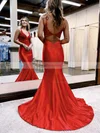 Trumpet/Mermaid V-neck Silk-like Satin Sweep Train Prom Dresses With Appliques Lace #Favs020115911
